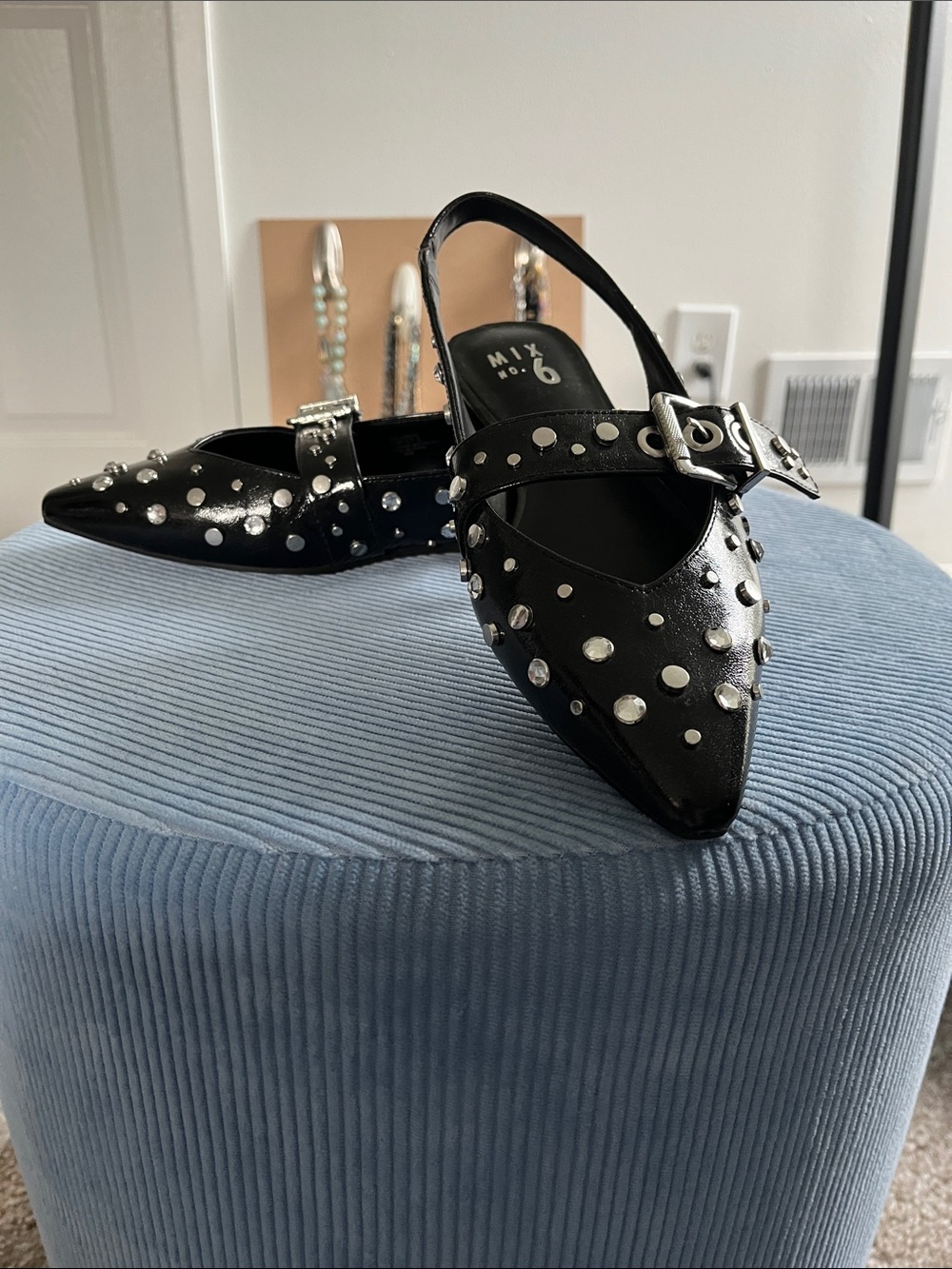 Mix No. 6 Black Pointed Slingback Flats with Silver Studs